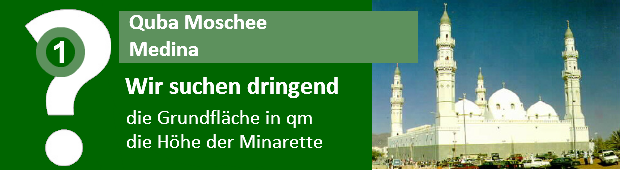 Kannst du uns helfen herauszufinden, wie groß die Grundfläche und wie hoch die Minarette der Quba Moschee in Medina sind?