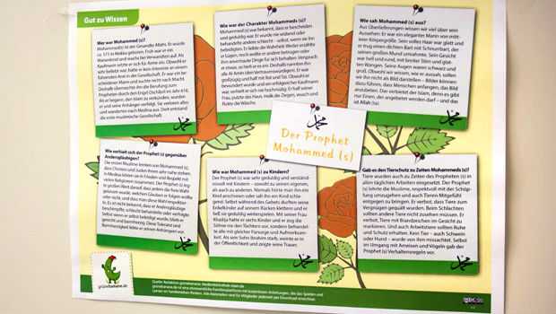 Wie sah der Prophet Mohammed (s) aus? Wie hat sich Muhammad (s )gegenüber Andersgläubigen oder Kindern verhalten? Gibt es den Tierschutz im Islam? Diese und andere Fragen zum Islam beantwortet unser Infoposter für Eltern und Kinder