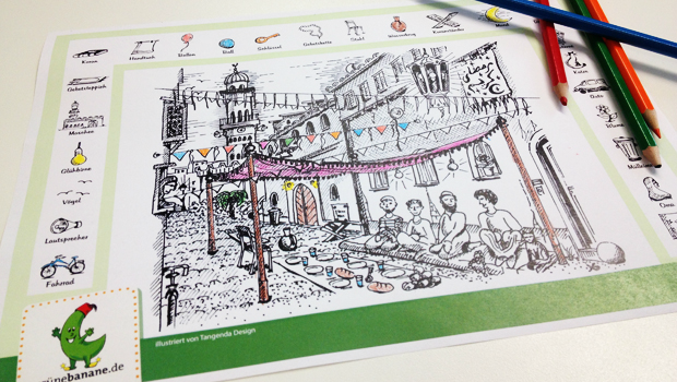 Ein Wimmelbild in Ramadanstimmung, Iftar vor der Moschee